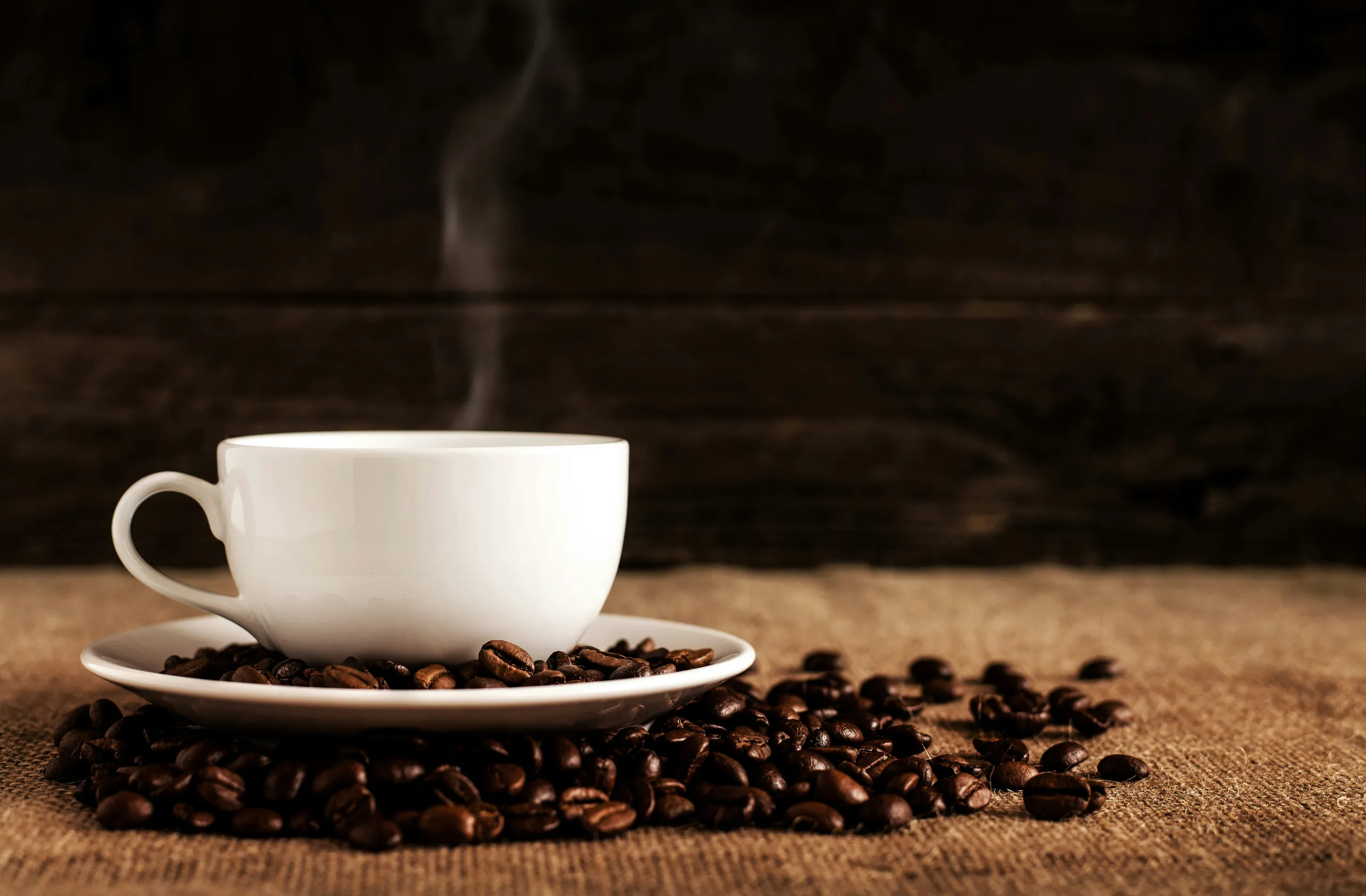Taza blanca de café humeante sobre un platillo entre granos de café recién tostados